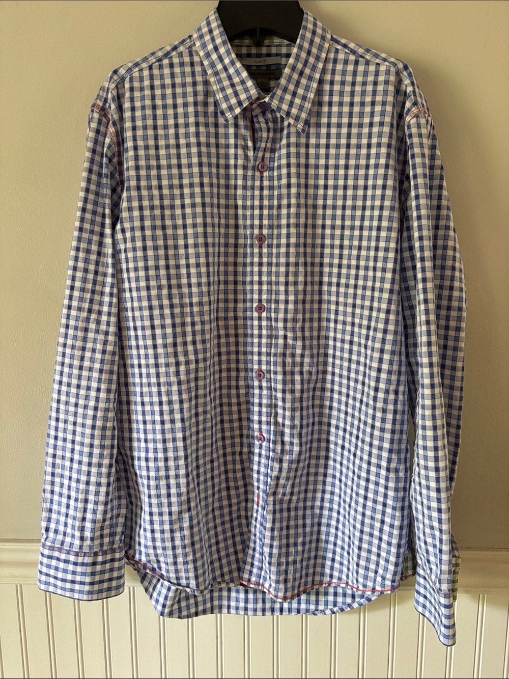 Johnston & Murphy Blue and White Gingham Dress Shirt Colorful Trim 100% Cotton
